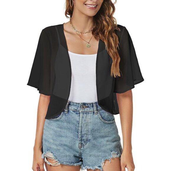Sweaters - Women Shrug Chiffon Cardigans Open Front Short Sleeve Bolero for Evening Dressy